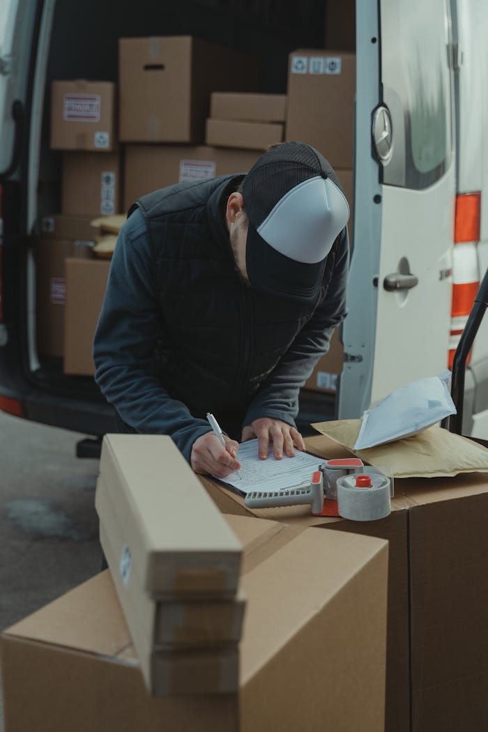 why-choose-us Courier organizing packages from a van, preparing for delivery in a logistics setting.