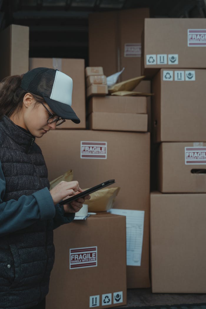 who-we-are A warehouse employee checks inventory on a tablet beside stacked boxes marked fragile.