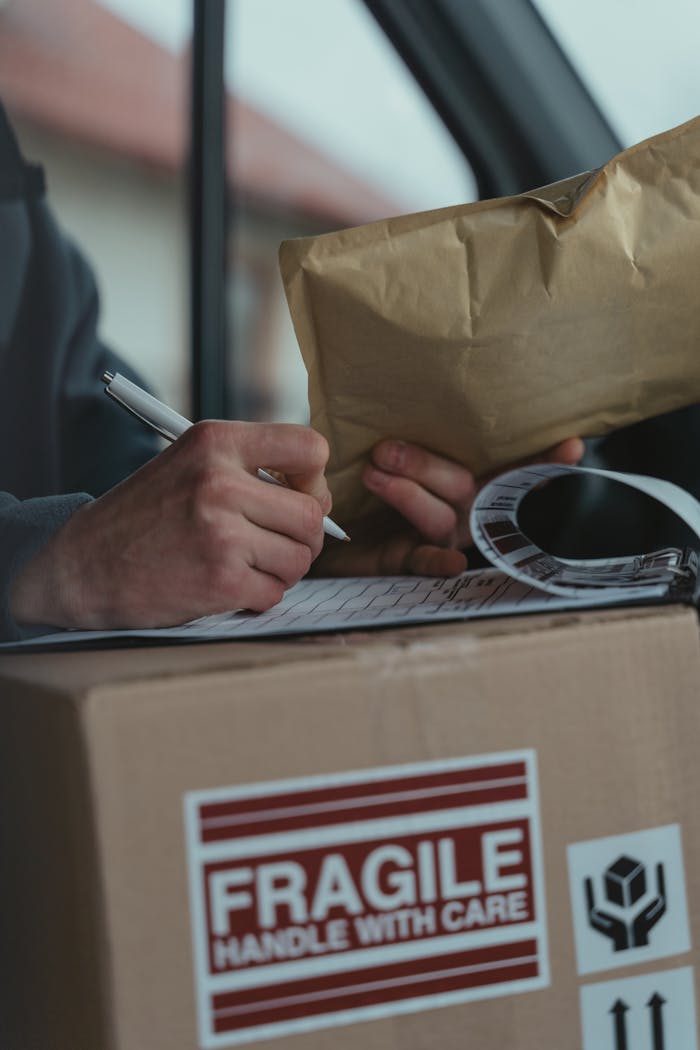 journey Close-up of a courier writing on a clipboard with a fragile package inside a vehicle.